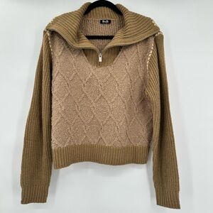 Miss Me 1/4 Zip Pullover Textured Cable Knit Brown Tan Sweater Size Small‎